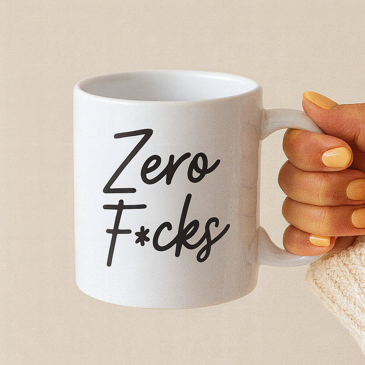 White ceramic mug with 'Zero Fucks' text