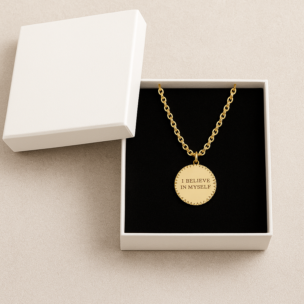 Gold necklace with 'I Believe In Myself' pendant in a white box on a beige background