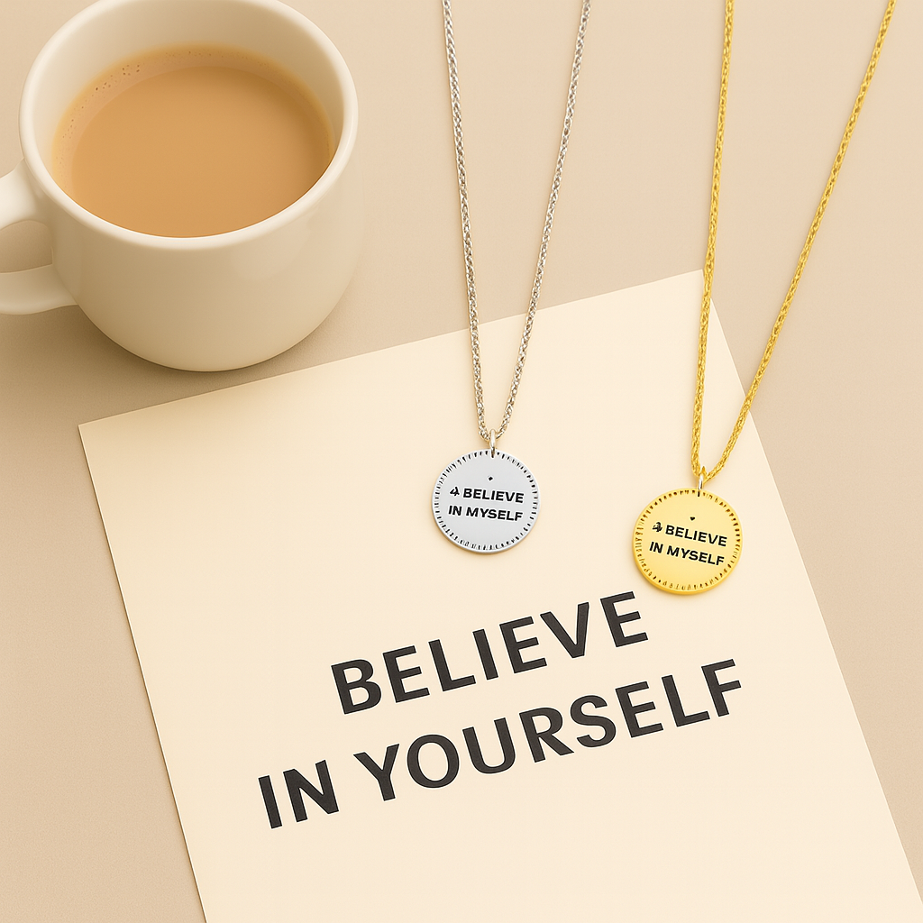 Two necklaces with "I Believe in Myself" pendants on a card with 'Believe in Yourself' text, next to a cup of coffee.