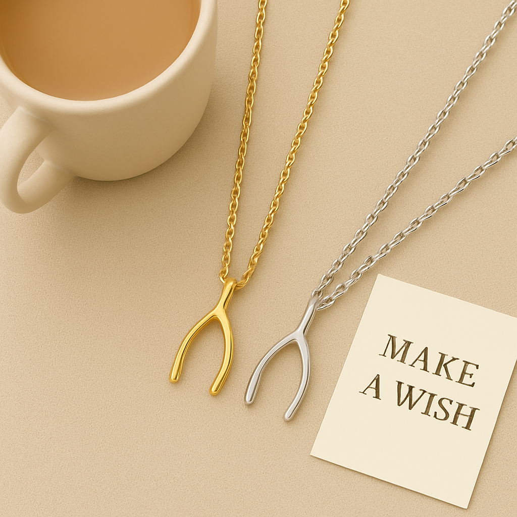 Gold and silver wishbone necklaces on a beige surface with a cup of coffee and a 'MAKE A WISH' card.