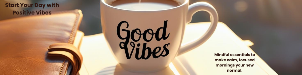 White mug with 'Good Vibes' text on a table with a planner and verbiage that says " Start Your Day with Positive Vibes" in the top left corner and "Mindful essentials to make calm, focused mornings your new normal" in the bottom right corner with a blurred background
