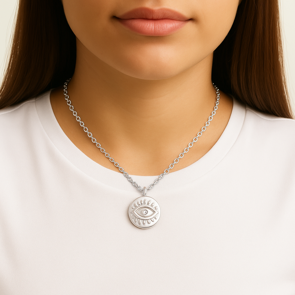 Silver necklace with an evil eye pendant worn by a person on a white background