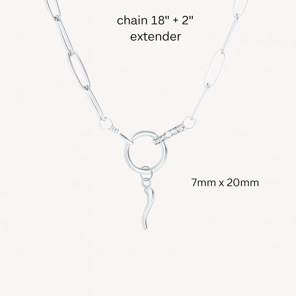 Silver paperclip chain necklace with Italian Horn pendant on a white background with product dimensions