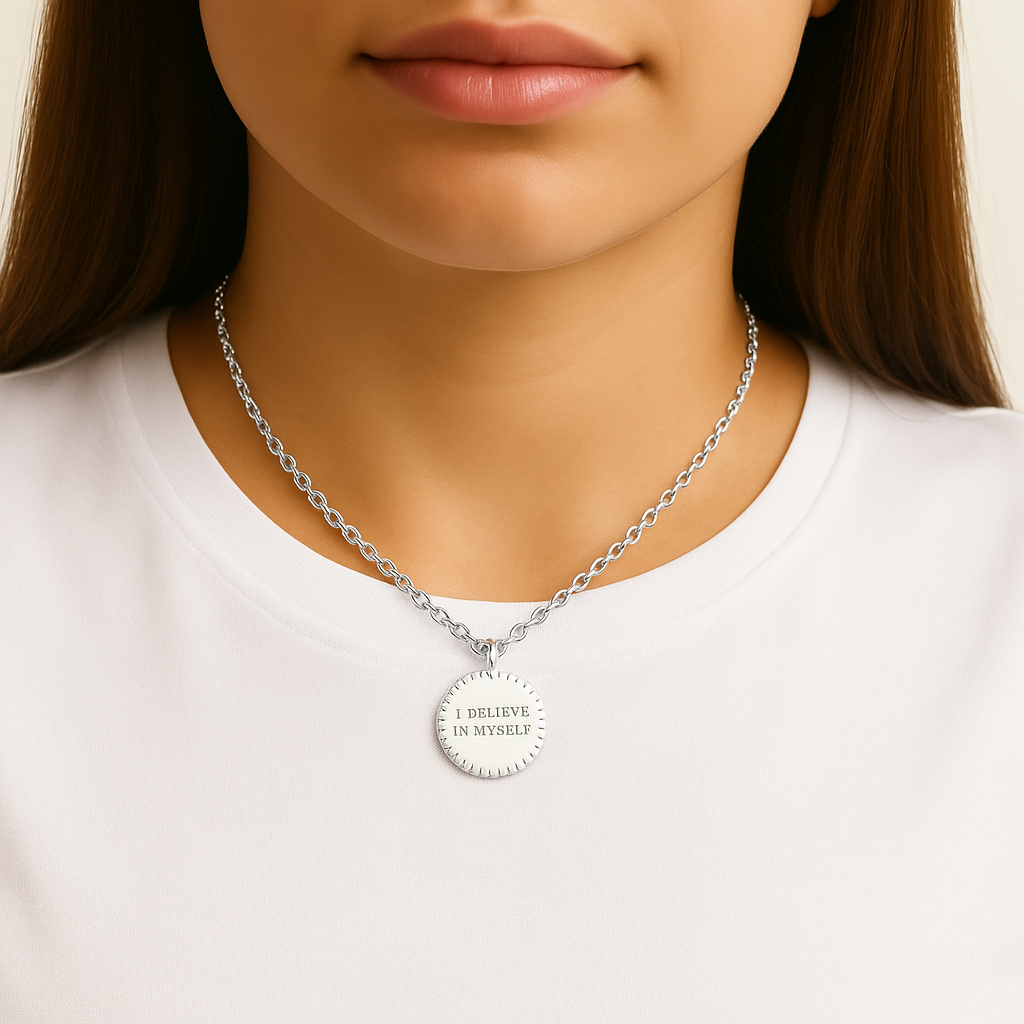 Silver necklace with a round pendant that says "I Believe In Myself" on a person wearing a white shirt.