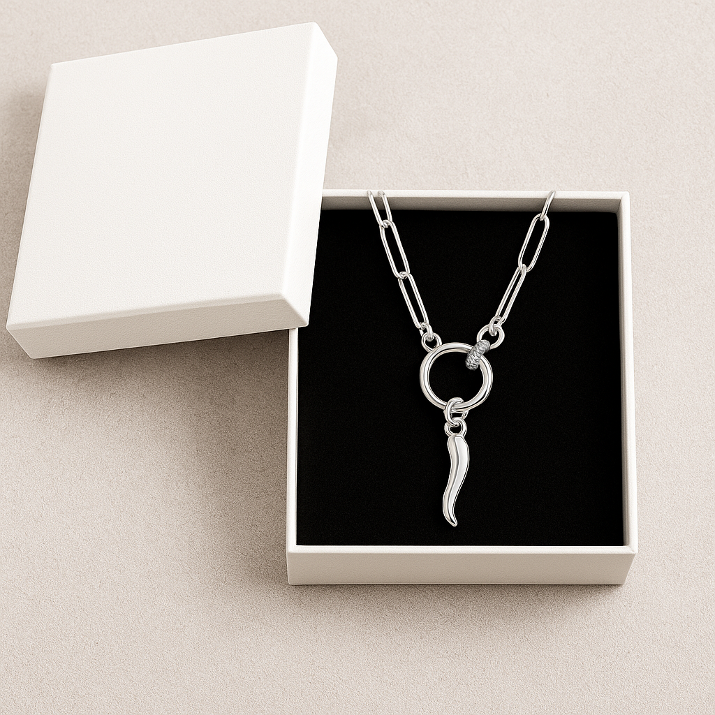 Silver paperclip chain necklace with an Italian Horn pendant in an open white jewelry box on a beige surface.
