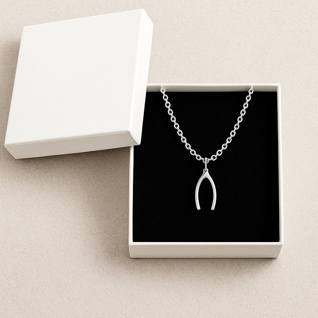 Silver necklace with a wishbone pendant in an open jewelry box on a beige surface
