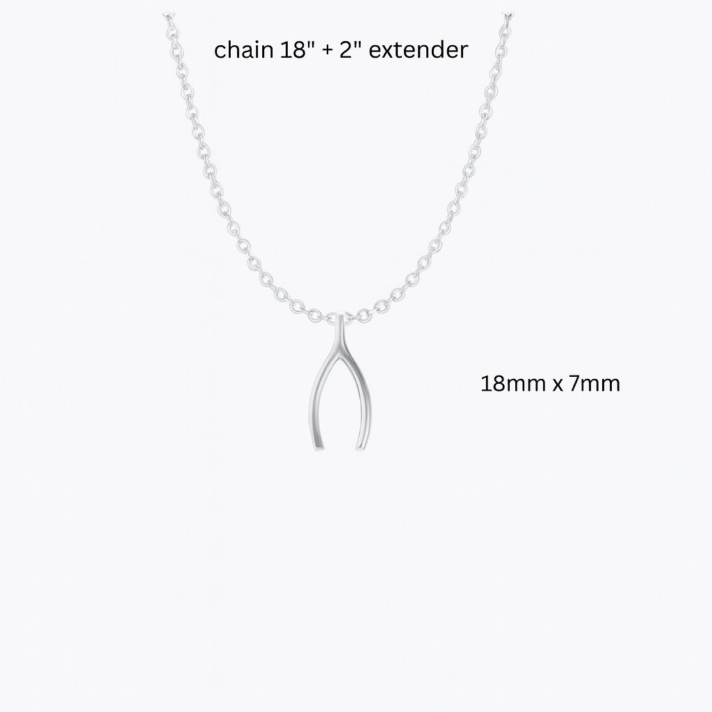 Silver wishbone pendant necklace with chain dimensions on a white background