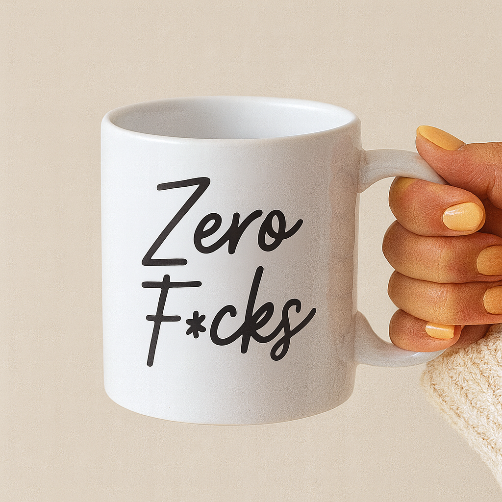 White ceramic mug with 'Zero Fucks' text