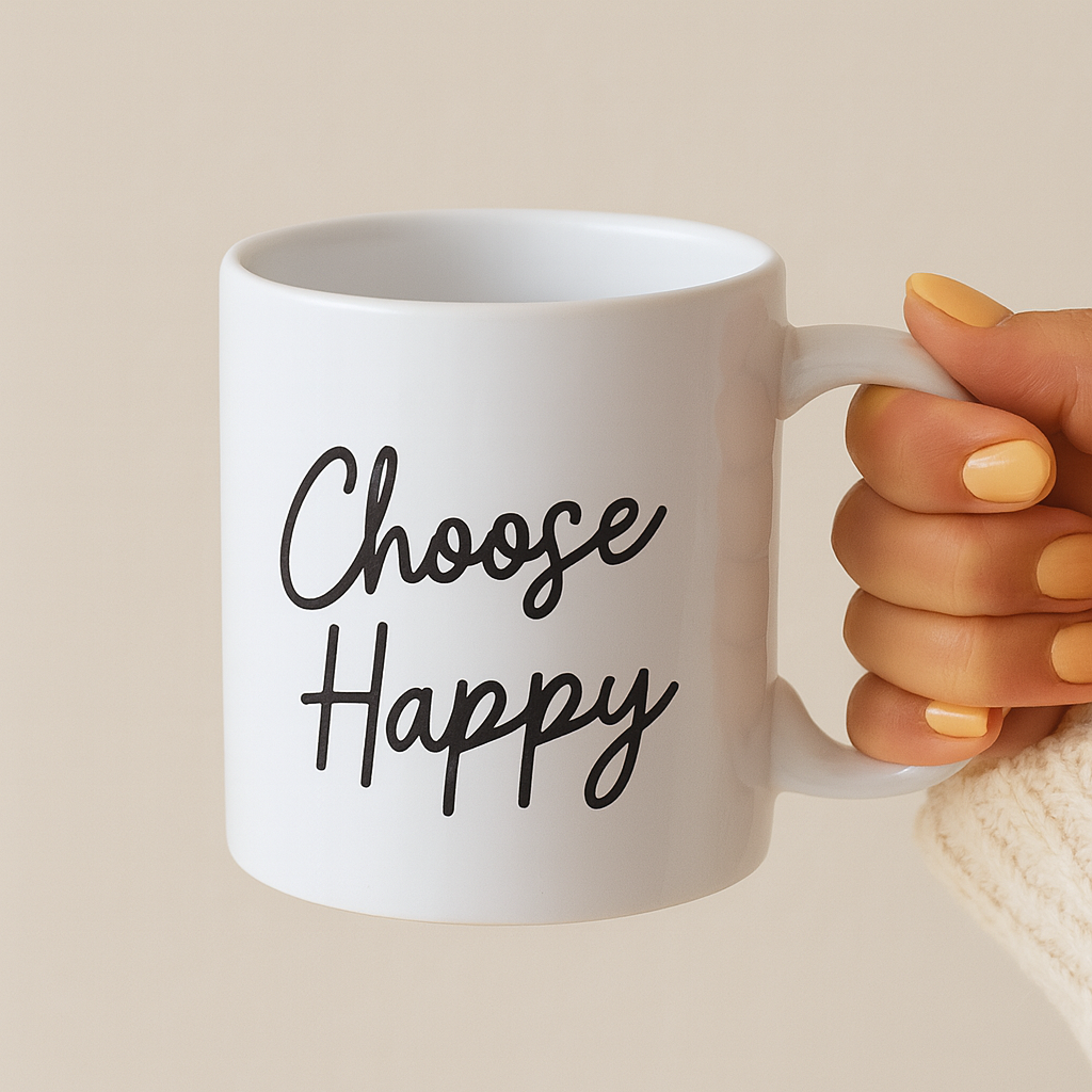 White ceramic mug with 'Choose Happy' text