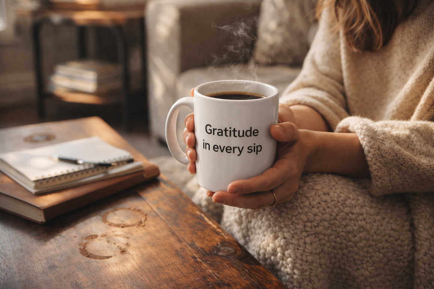 Person holding a mug with 'Gratitude in every sip' text in a cozy living room.