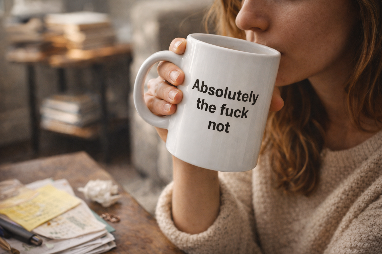 Person holding a mug with text, sitting in a cozy room.
