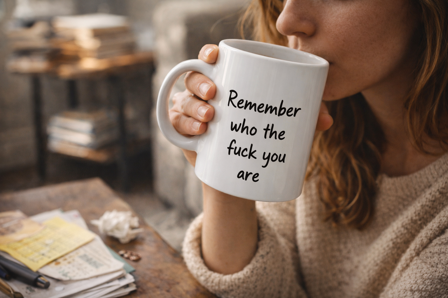 Person holding a mug with text in a cozy indoor setting