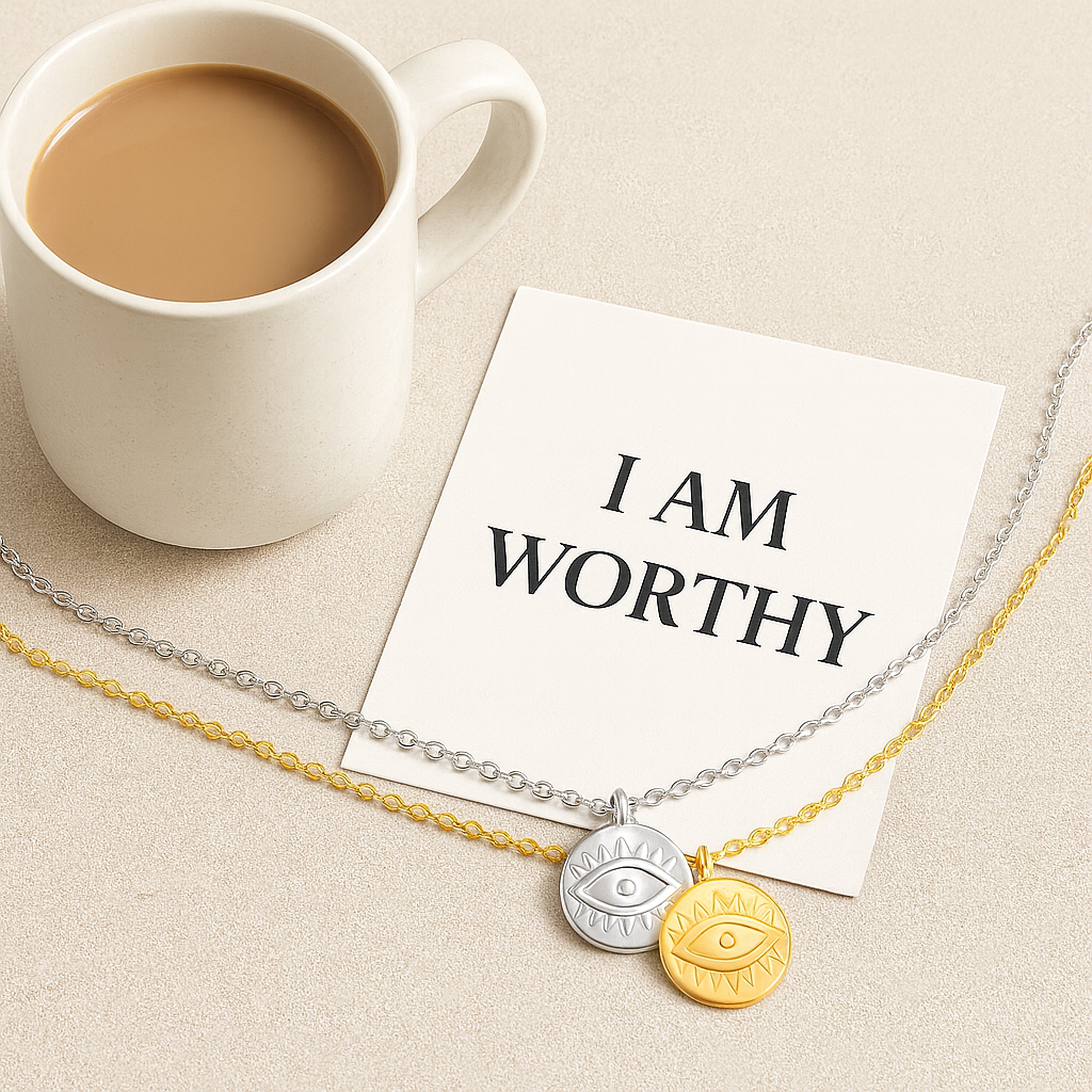 Gold and Silver necklaces with evil eye pendants on a beige surface next to a cup of coffee and a card with 'I AM WORTHY' text.