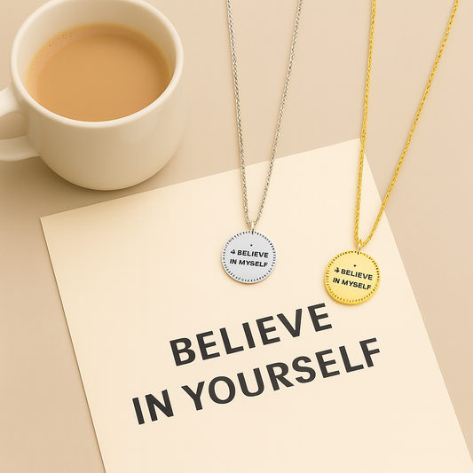 Two necklaces with "I Believe in Myself" pendants on a card with 'Believe in Yourself' text, next to a cup of coffee.