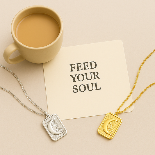 gold and silver chains with a Sunburst Moon pendant designs on a beige surface with a cup of coffee and a card reading 'Feed Your Soul'.