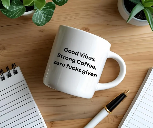 White mug with text " Good Vibes, Strong Coffee, zero fucks given" on a wooden desk with a notebook and pen.