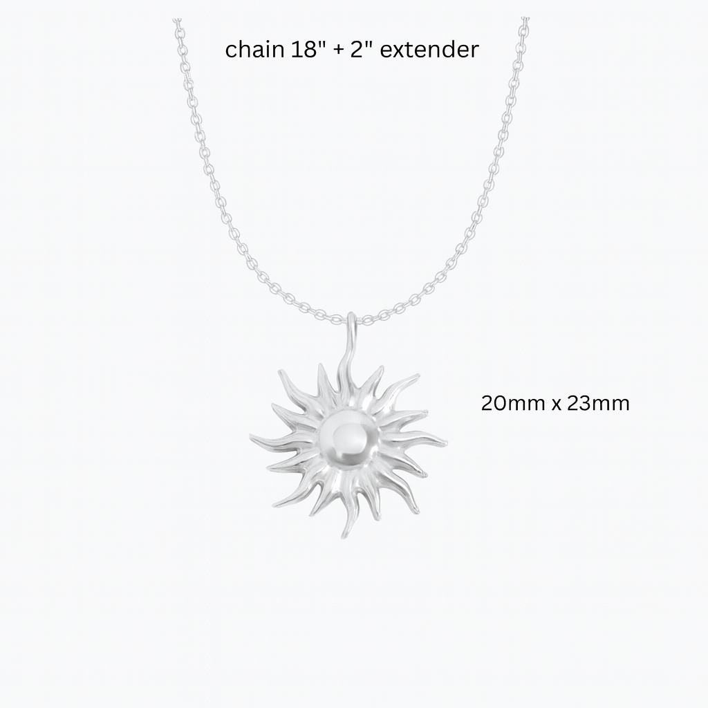 Silver sun-shaped pendant necklace with chain dimensions on a white background