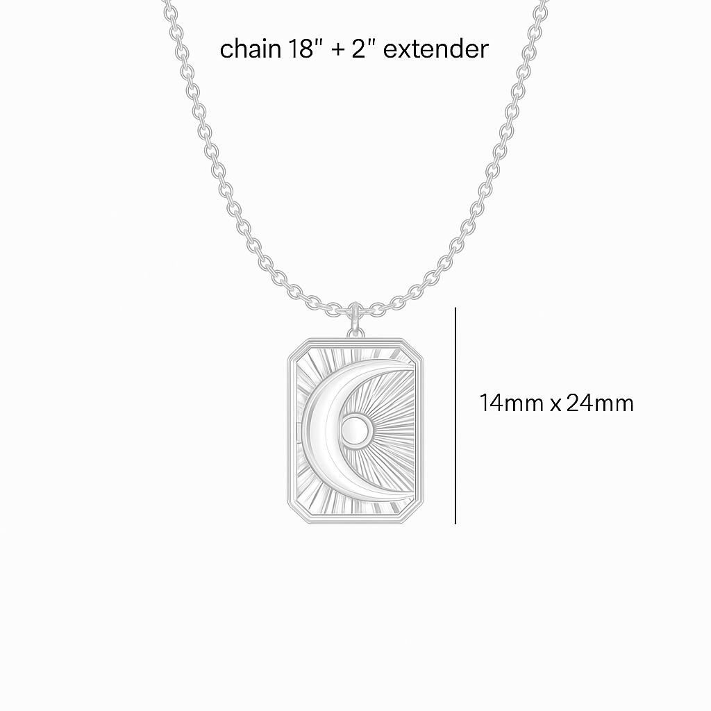 Silver necklace with Sunburst Moon pendant with dimensions on a white background