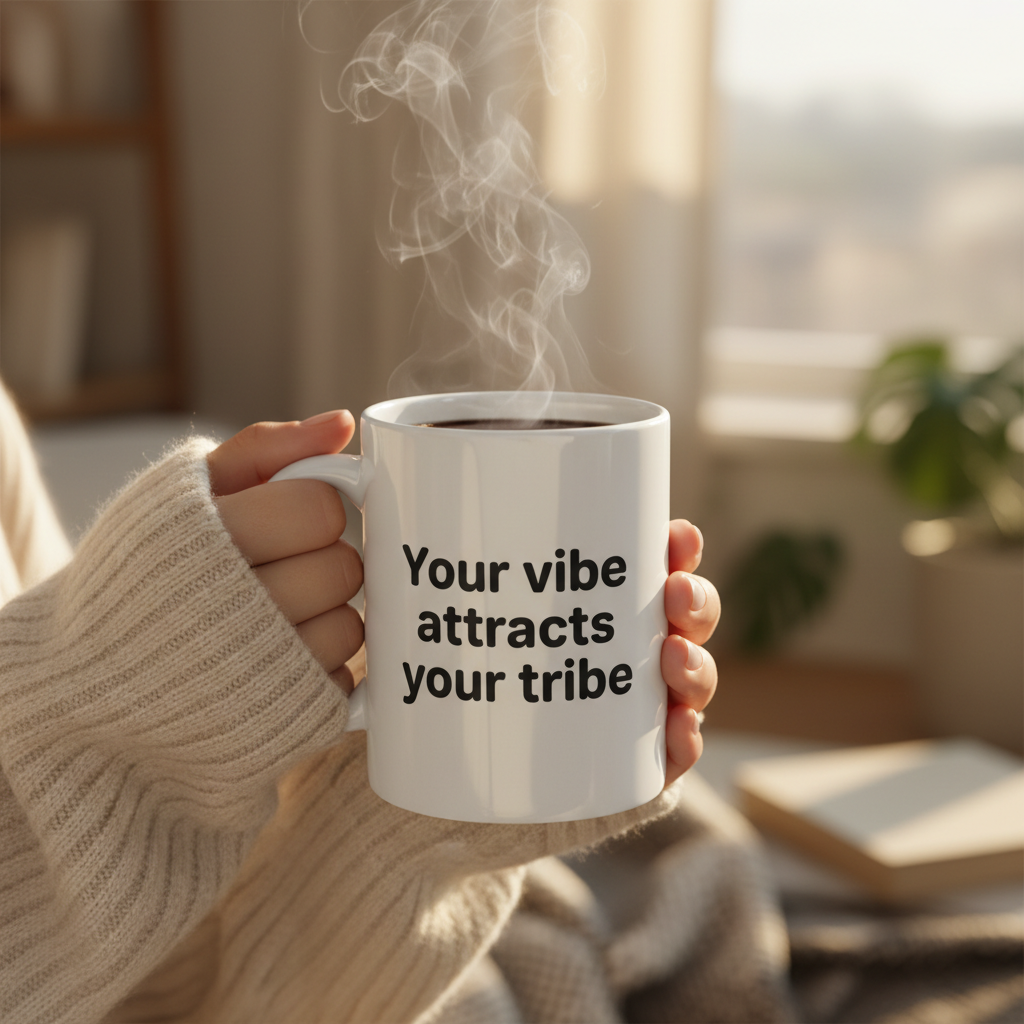 Person holding a mug with 'Your vibe attracts your tribe' text in a cozy indoor setting.