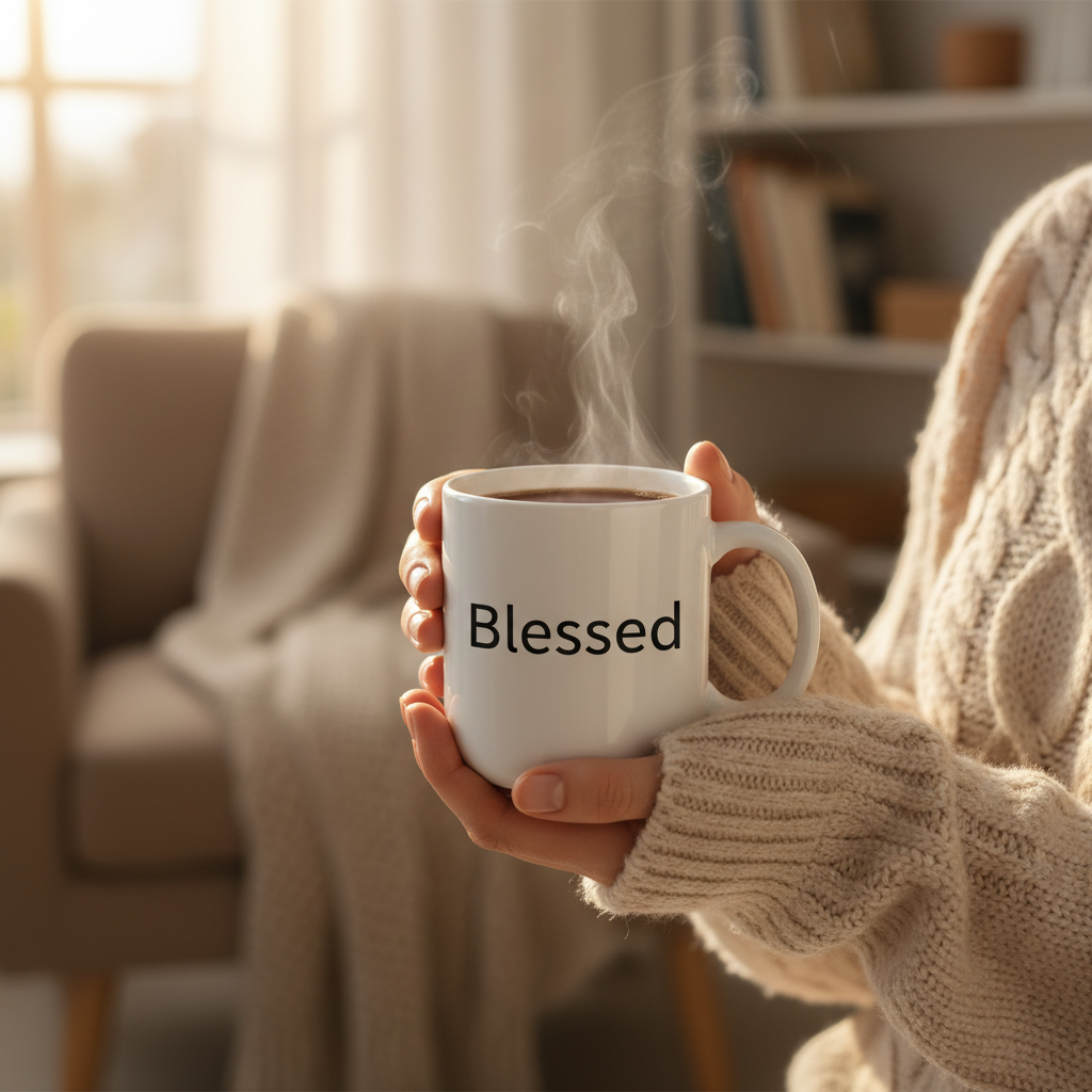 Person holding a mug with 'Blessed' text in a cozy living room.