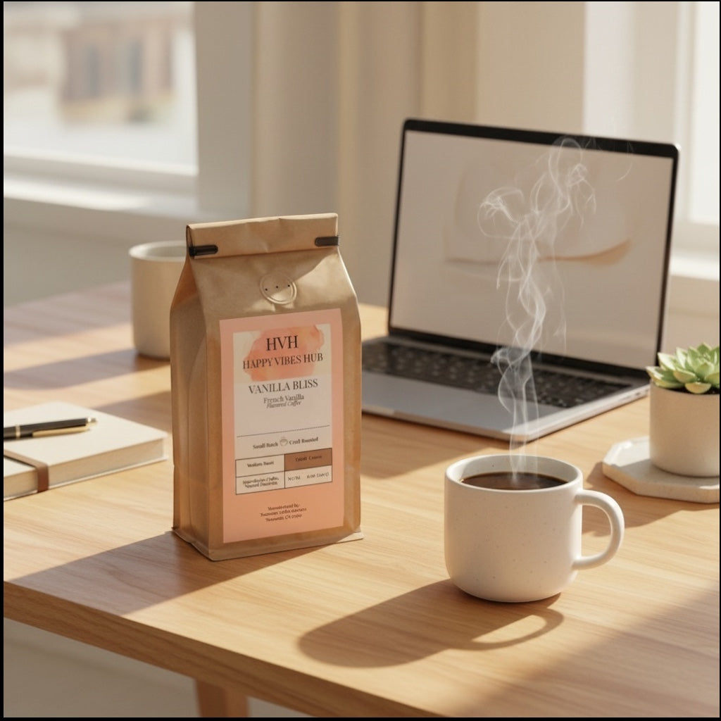 Happy Vibes Hub Vanilla Bliss medium roast coffee in a compostable kraft bag next to a steaming mug on a desk.