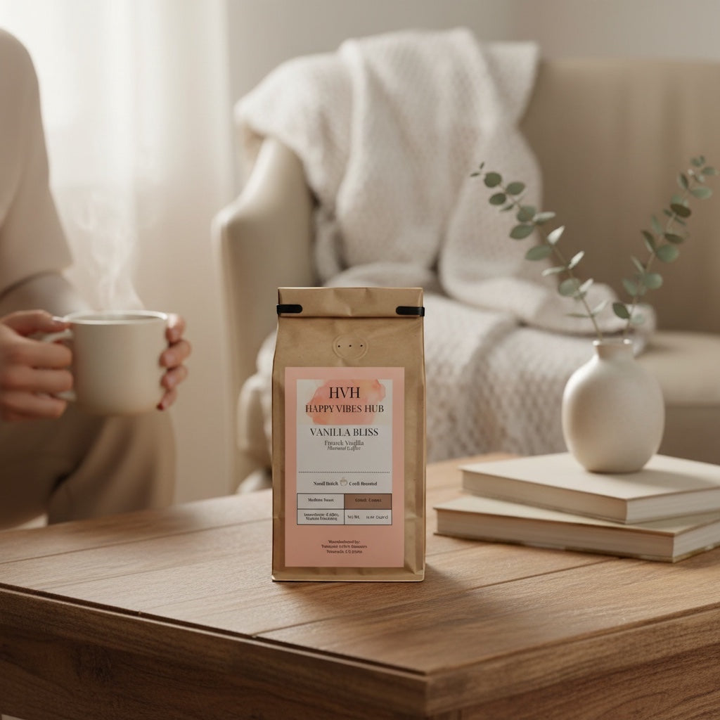 Happy Vibes Hub Vanilla Bliss French Vanilla medium roast coffee in a compostable kraft bag on a wooden table.