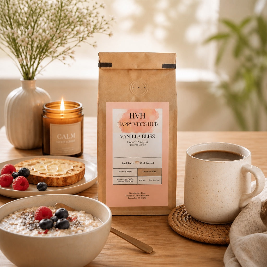Happy Vibes Hub Vanilla Bliss French Vanilla medium roast coffee in a compostable kraft bag on a breakfast table.