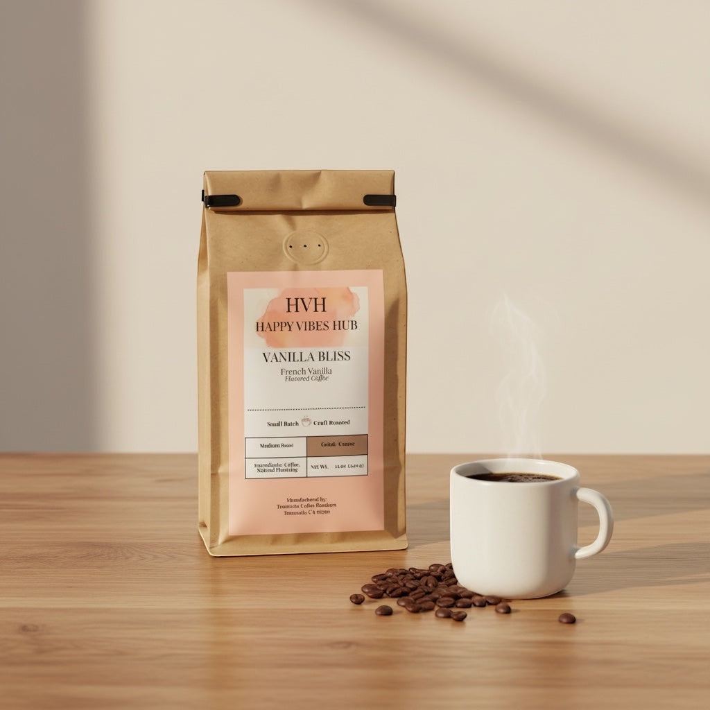 Happy Vibes Hub Vanilla Bliss French Vanilla coffee in a compostable kraft bag next to a steaming cup of coffee.