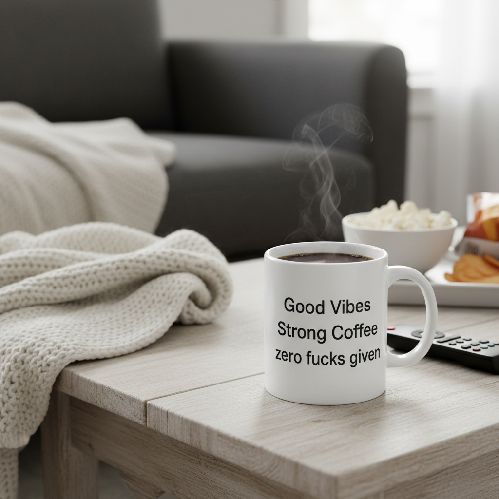 White mug with text on a wooden table with a cozy living room background