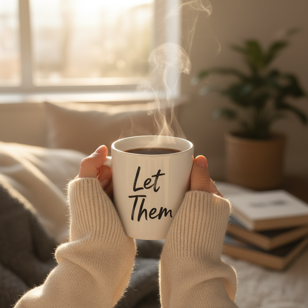 Person holding a steaming mug with 'Let Them' text in a cozy indoor setting.