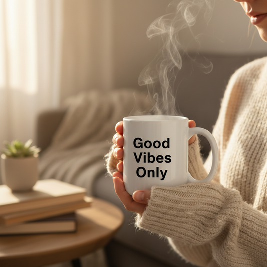 Person holding a mug with 'Good Vibes Only' text in a cozy indoor setting