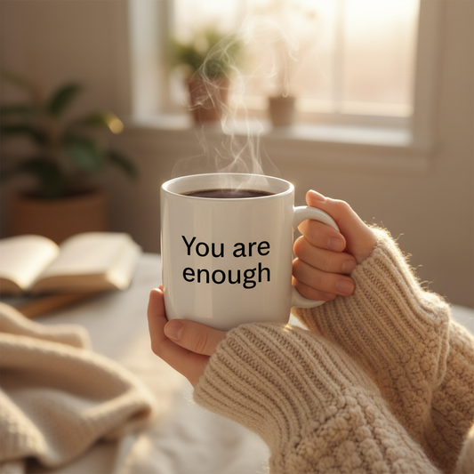 Person holding a mug with 'You are enough' text in a cozy setting.
